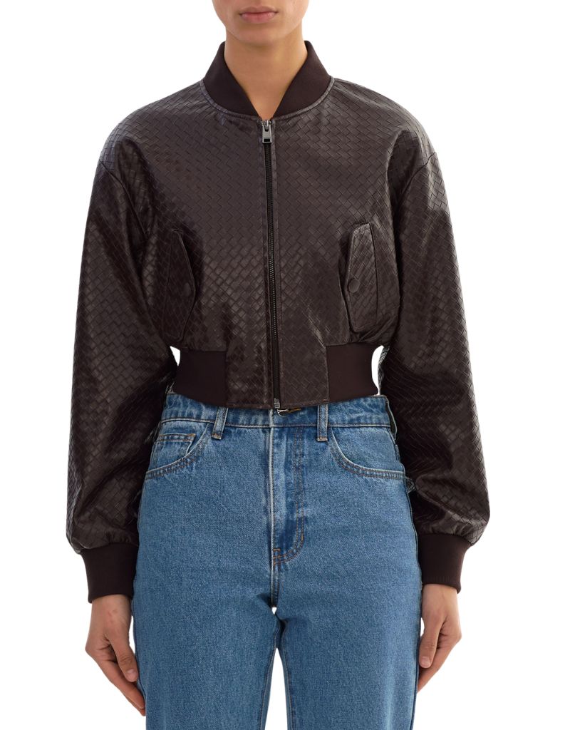 Evelin W Faux Leather Embossed Basket Weave Jacket Dark Brown