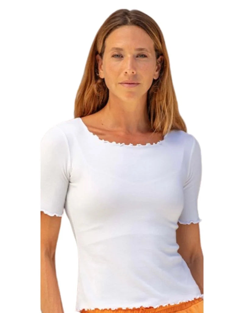 Short Sleeve Ribbed Curl Top RB-1037 White