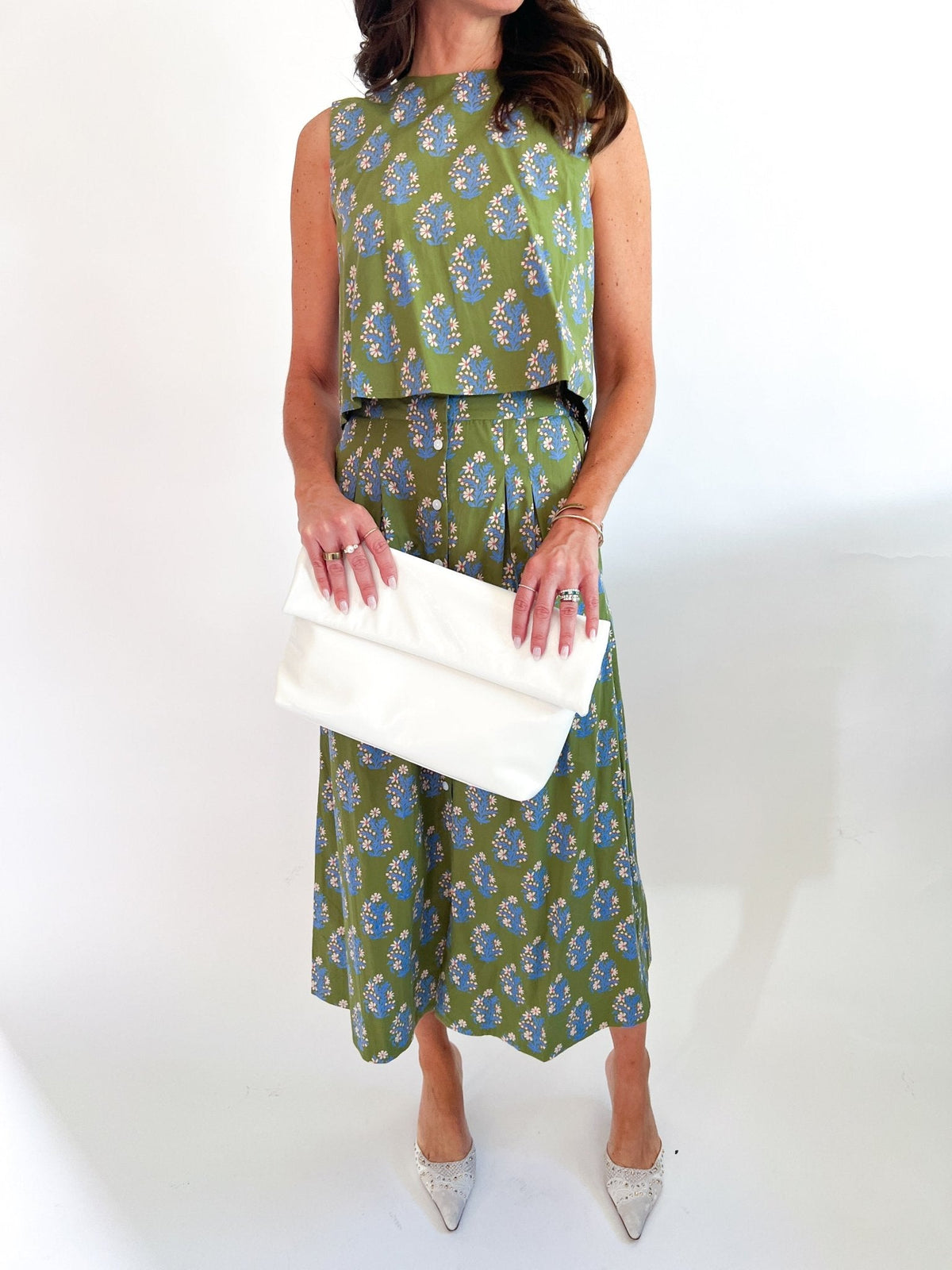 Verdant Floral Button Midi Skirt