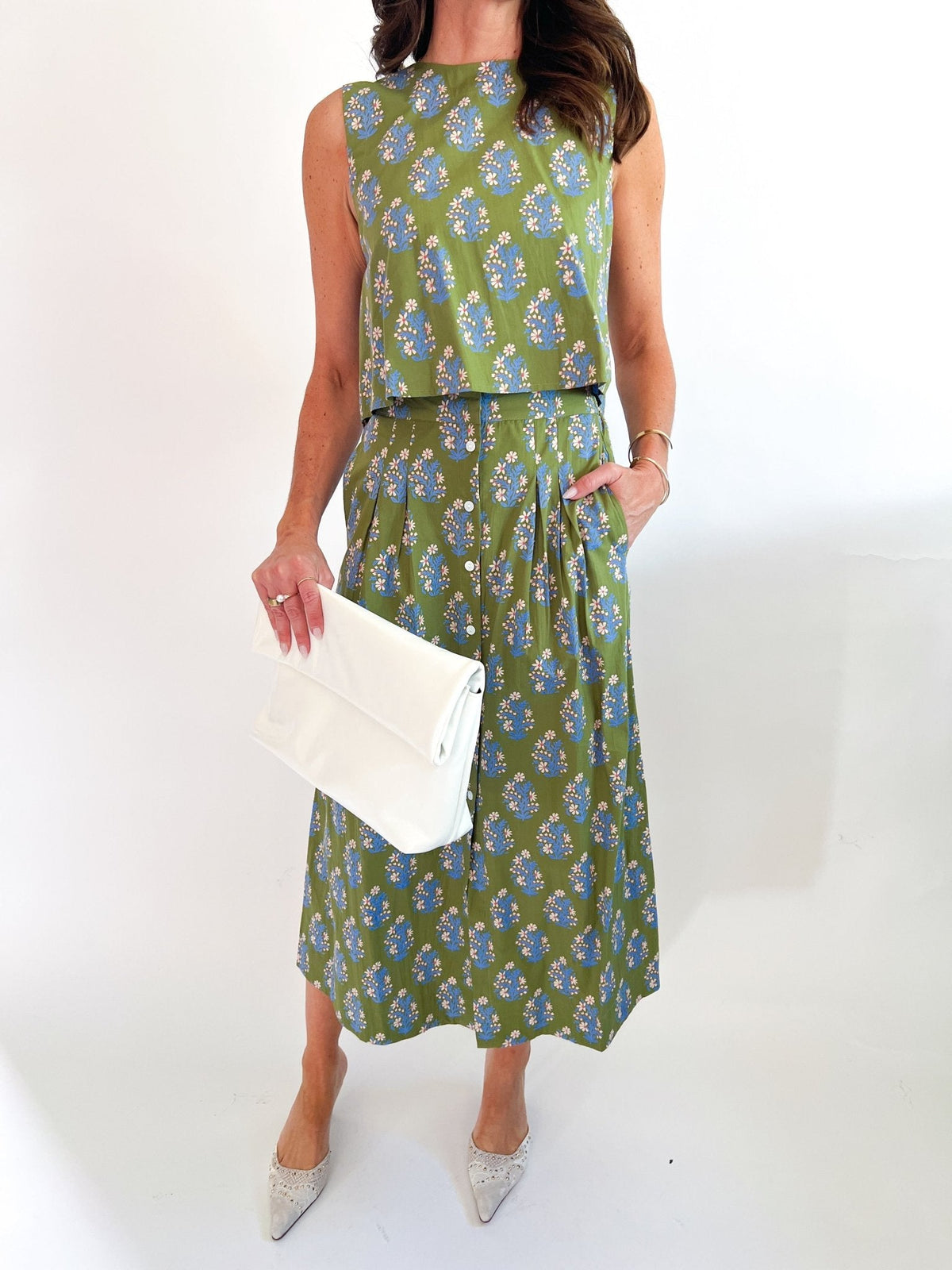 Verdant Floral Button Midi Skirt